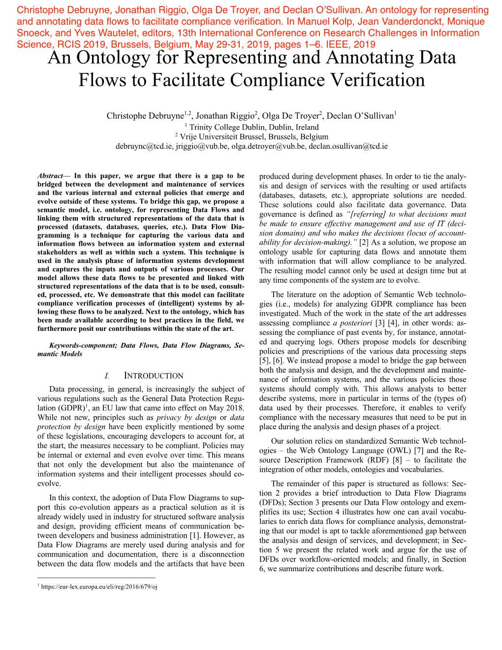 An Ontology for Representing and Annotating Data Flows to Facilitate Compliance Verification