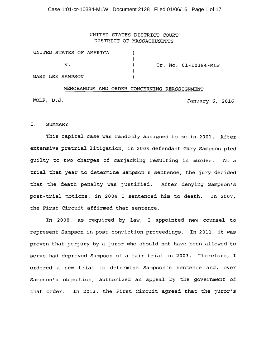 Case 1:01-Cr-10384-MLW Document 2128 Filed 01/06/16 Page 1 of 17