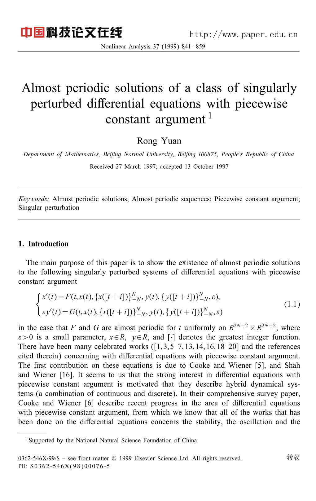 Almost Periodic Solutions of a Class of Singularly Perturbed Differential