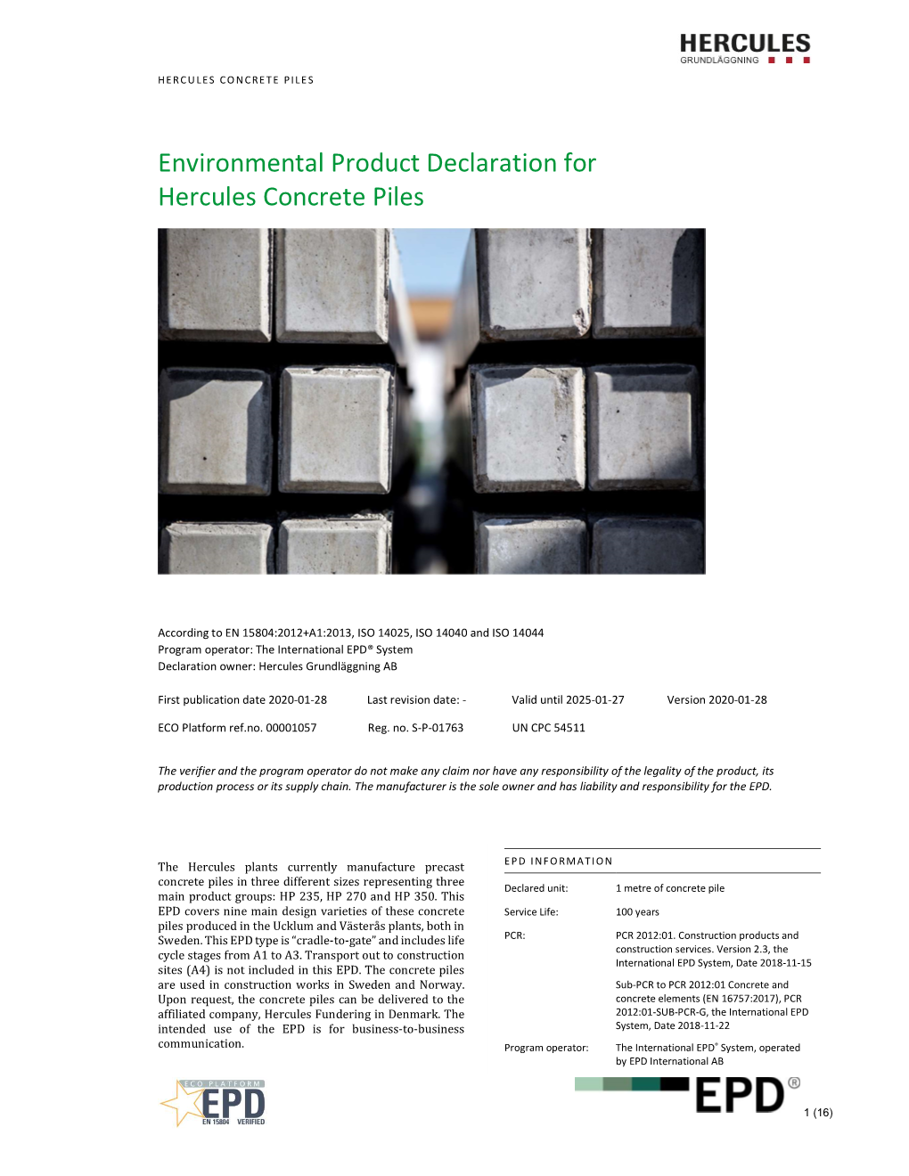 Environmental Product Declaration for Hercules Concrete Piles