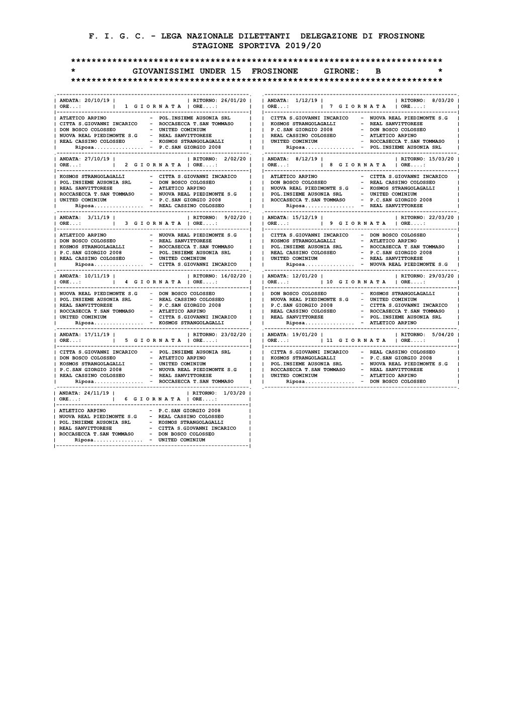 Calendario Under 15 Gir. B