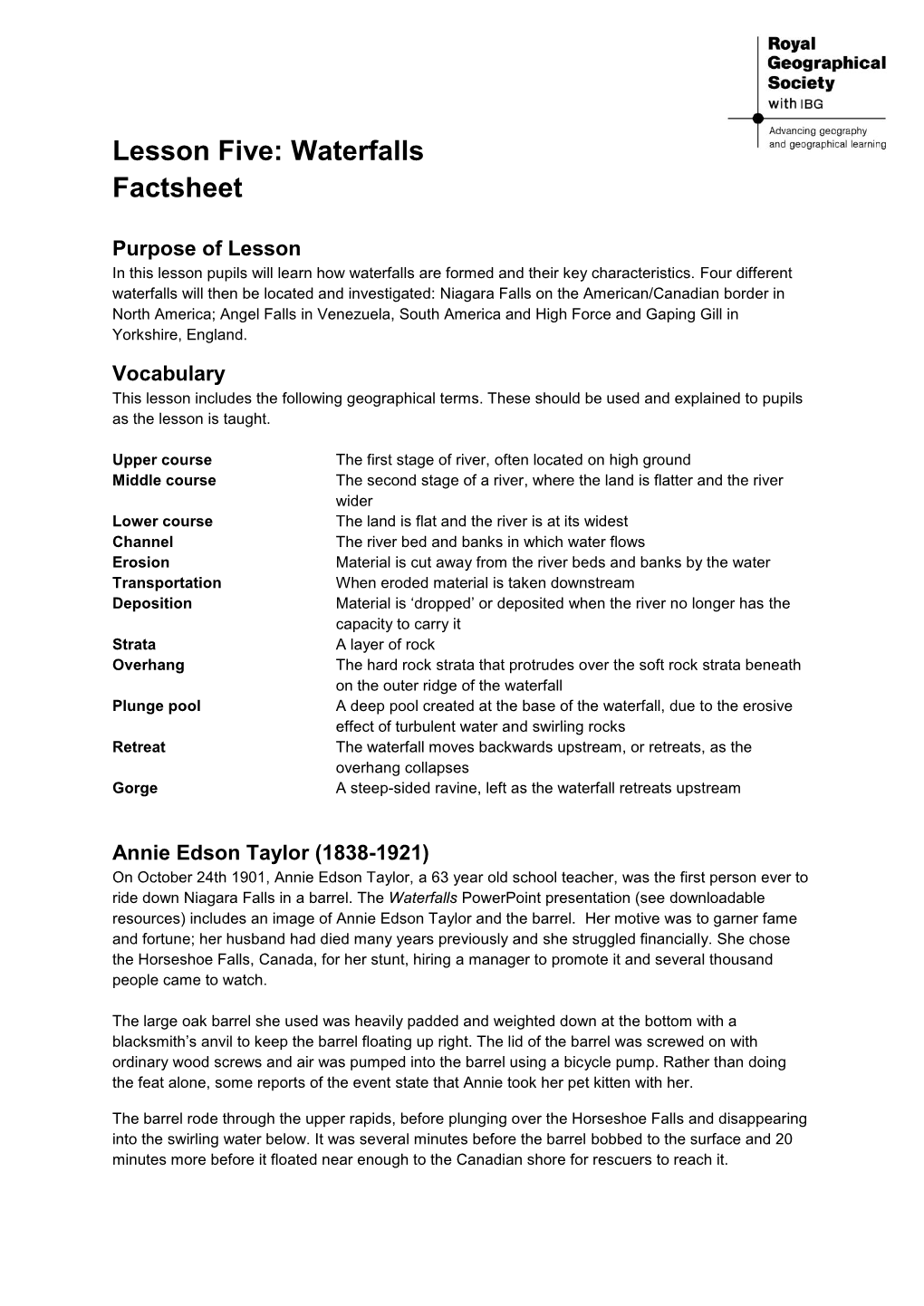 Lesson Five: Waterfalls Factsheet