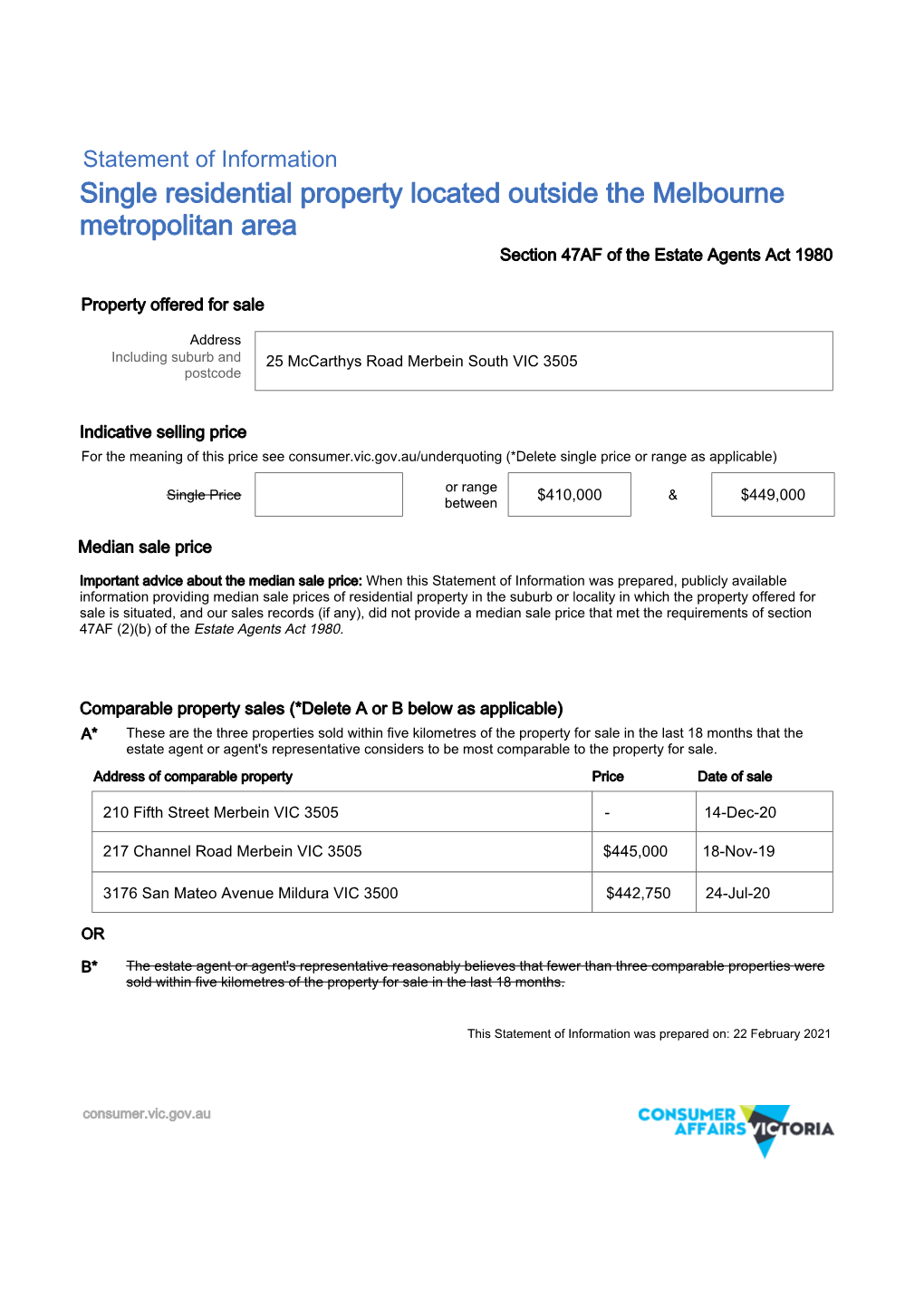 Single Residential Property Located Outside the Melbourne Metropolitan Area Section 47AF of the Estate Agents Act 1980