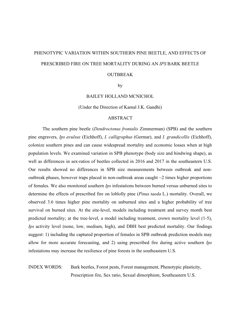 Phenotypic Variation Within Southern Pine Beetle, and Effects Of