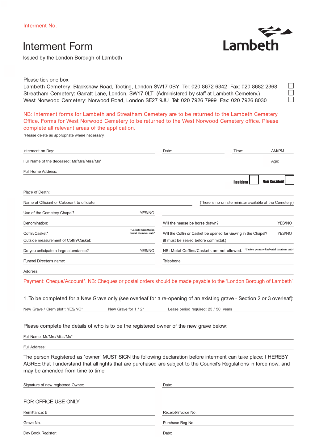 Interment Form Issued by the London Borough of Lambeth