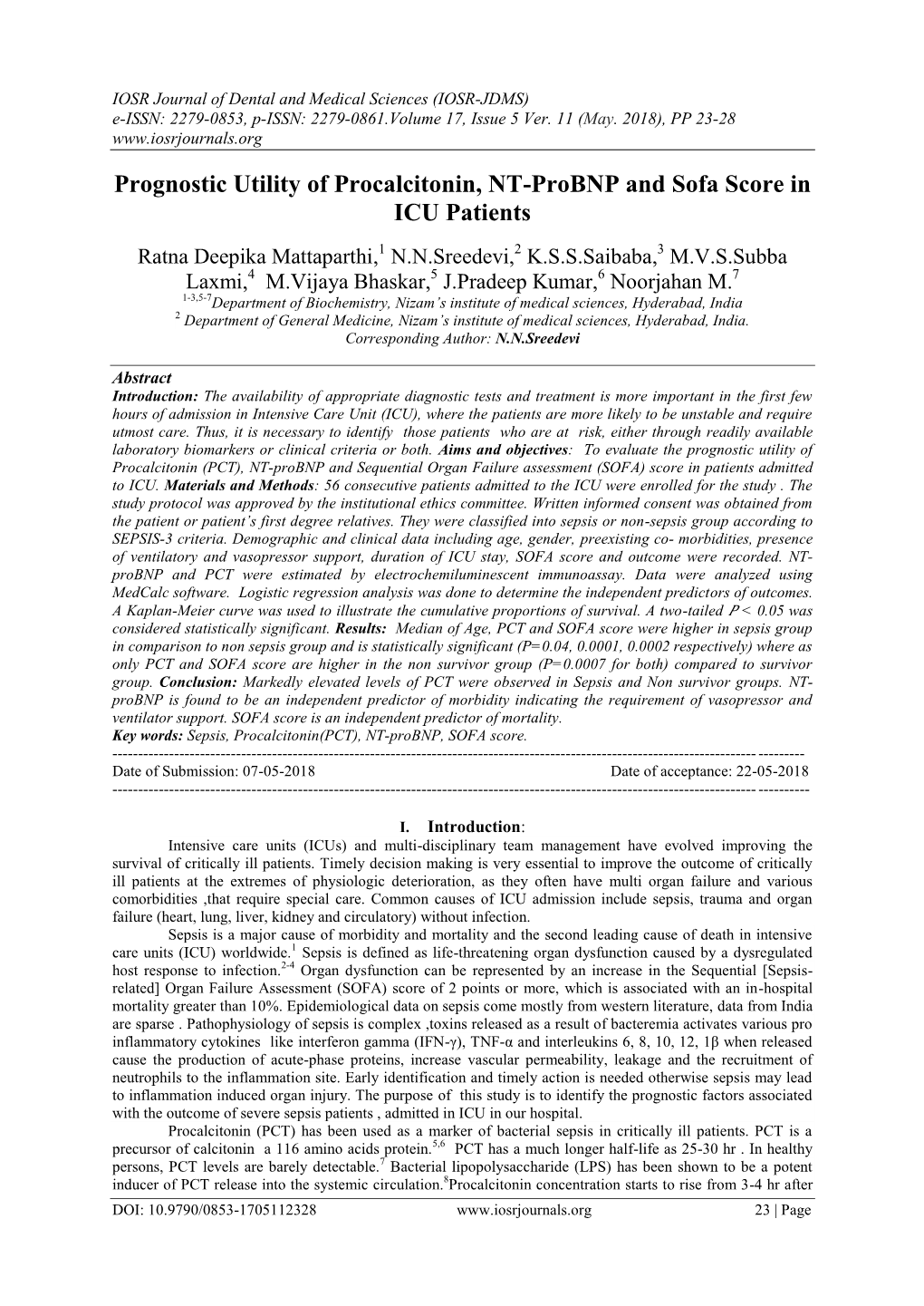 Prognostic Utility of Procalcitonin, NT-Probnp and Sofa Score in ICU Patients