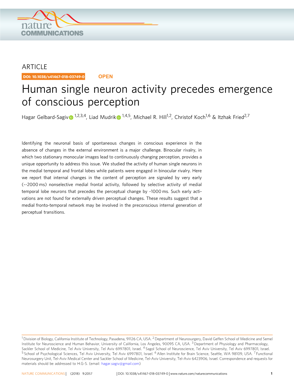 Human Single Neuron Activity Precedes Emergence of Conscious Perception