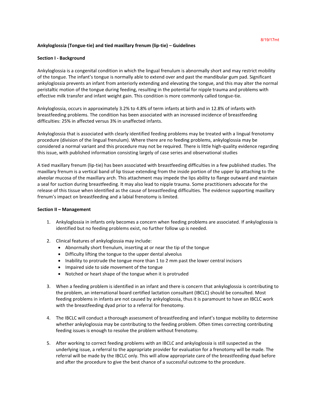 Ankyloglossia (Tongue-Tie) and Tied Maxillary Frenum (Lip-Tie) – Guidelines