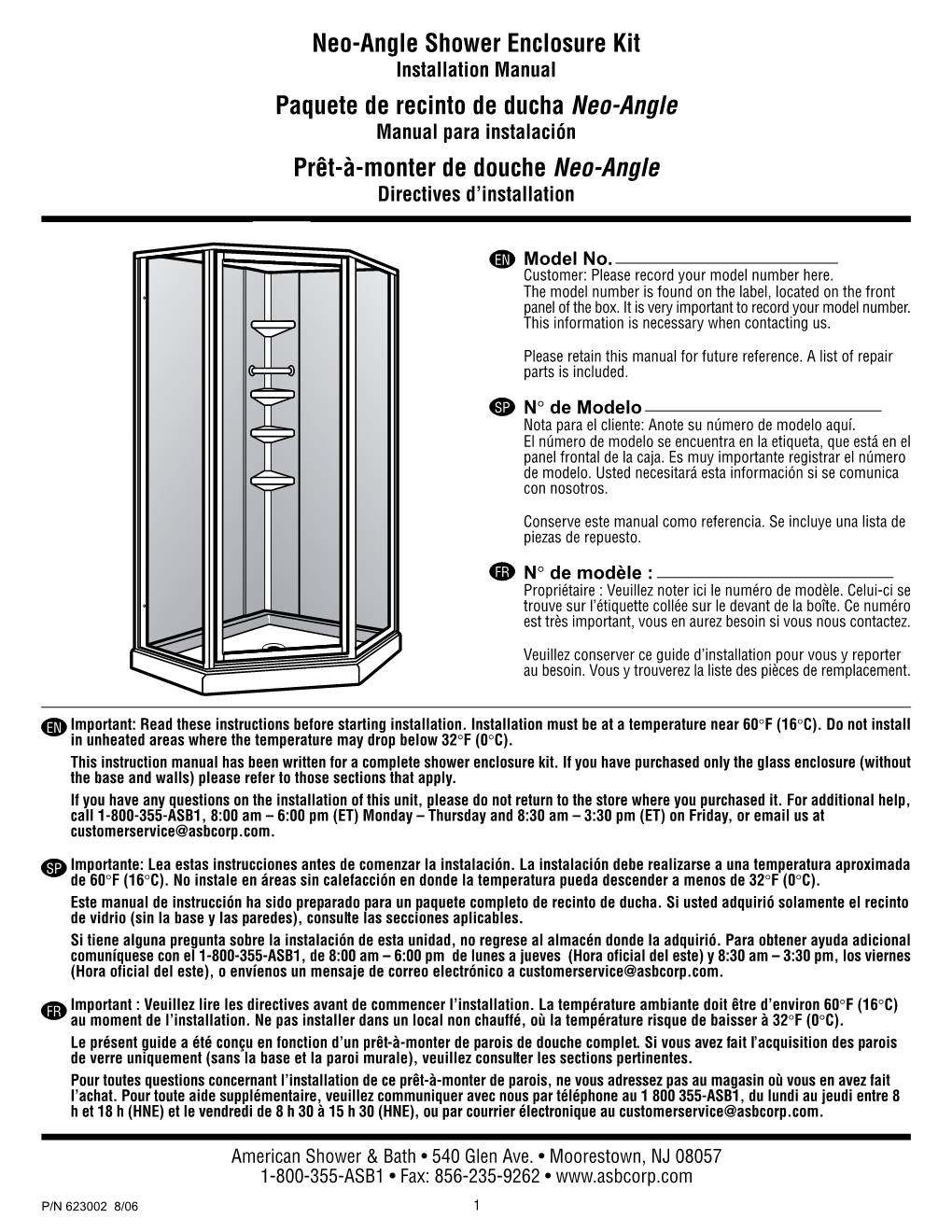 Neo-Angle Shower Enclosure Kit Paquete De Recinto De Ducha Neo