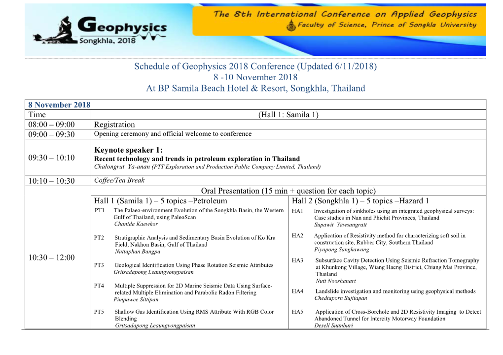 Schedule of Geophysics 2018 Conference