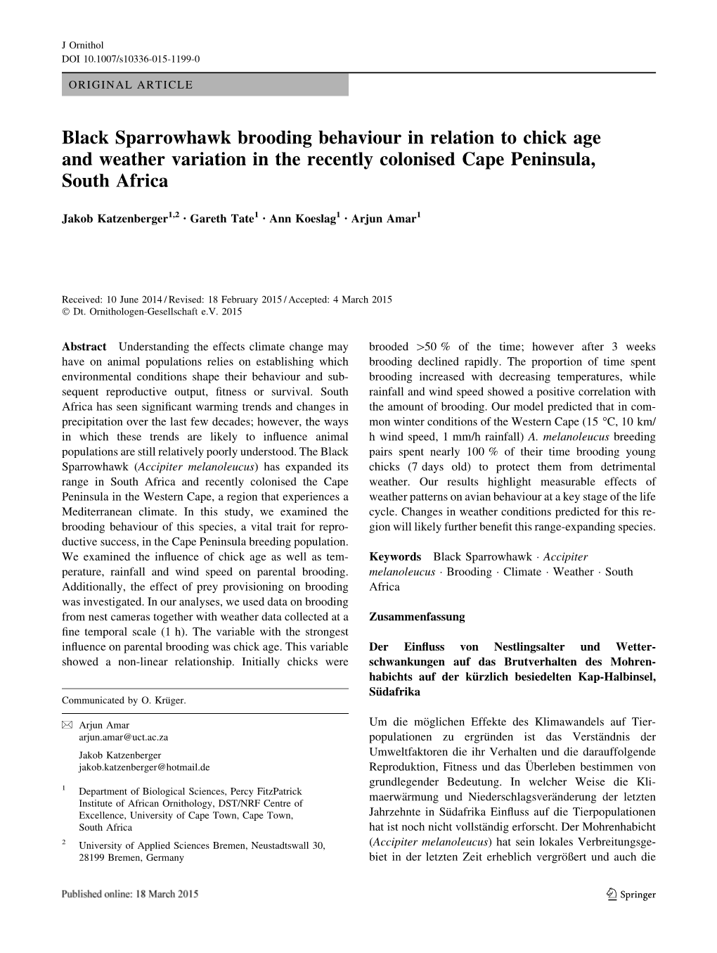 Black Sparrowhawk Brooding Behaviour in Relation to Chick Age and Weather Variation in the Recently Colonised Cape Peninsula, South Africa