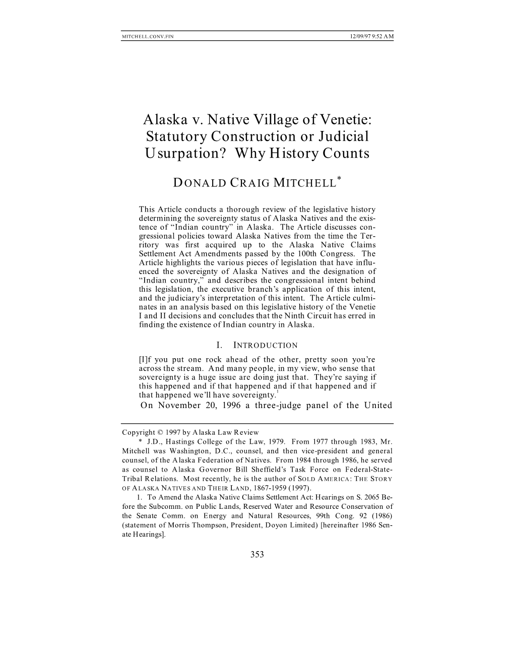 Alaska V. Native Village of Venetie: Statutory Construction Or Judicial Usurpation? Why History Counts