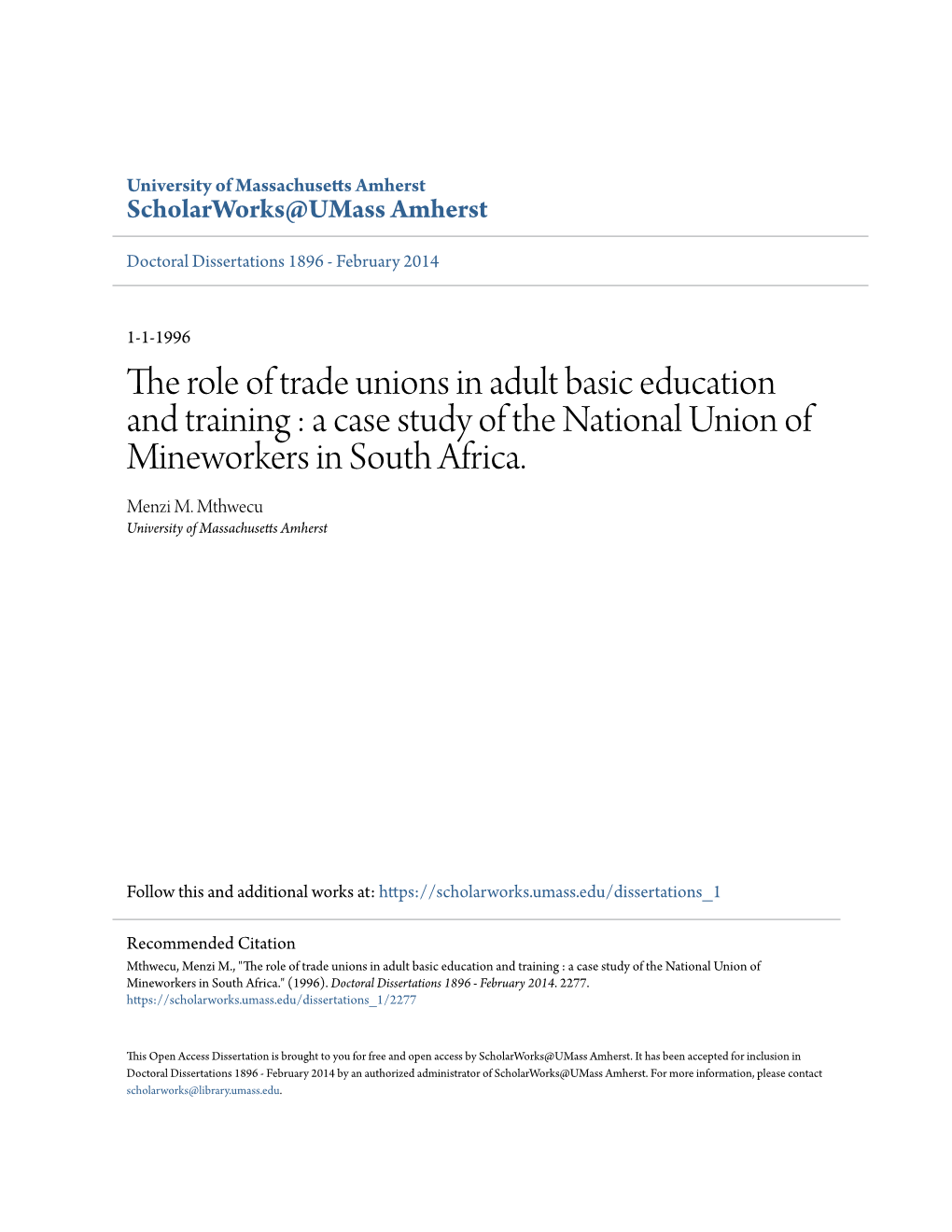 The Role of Trade Unions in Adult Basic Education and Training: a Case Study of the National Union of Mineworkers in South Africa
