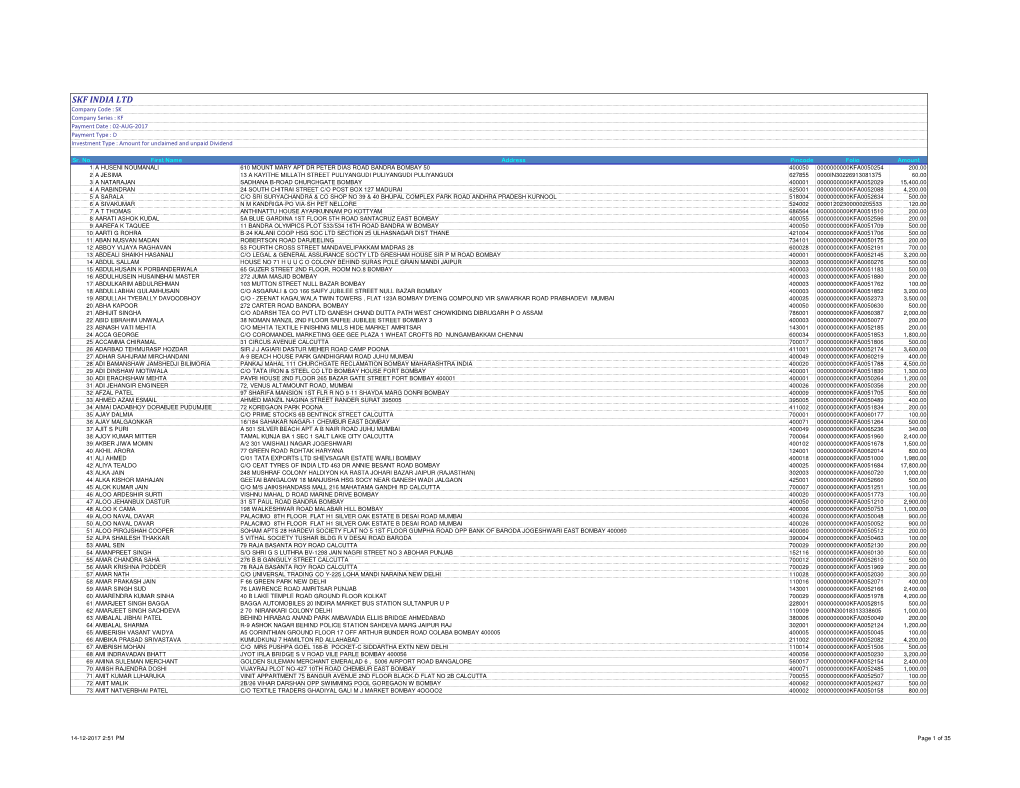 SKF INDIA LTD Company Code : SK Company Series : KF Payment Date : 02-AUG-2017 Payment Type : D Investment Type : Amount for Unclaimed and Unpaid Dividend
