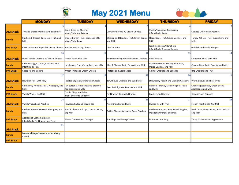 May 2021 Menu