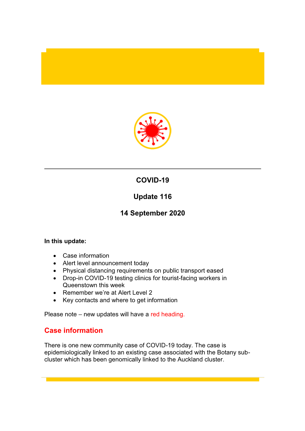 COVID-19 Update 116 14 September 2020 Case Information
