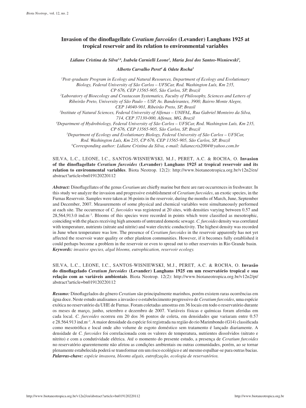 Invasion of the Dinoflagellate Ceratium Furcoides (Levander) Langhans 1925 at Tropical Reservoir and Its Relation to Environmental Variables