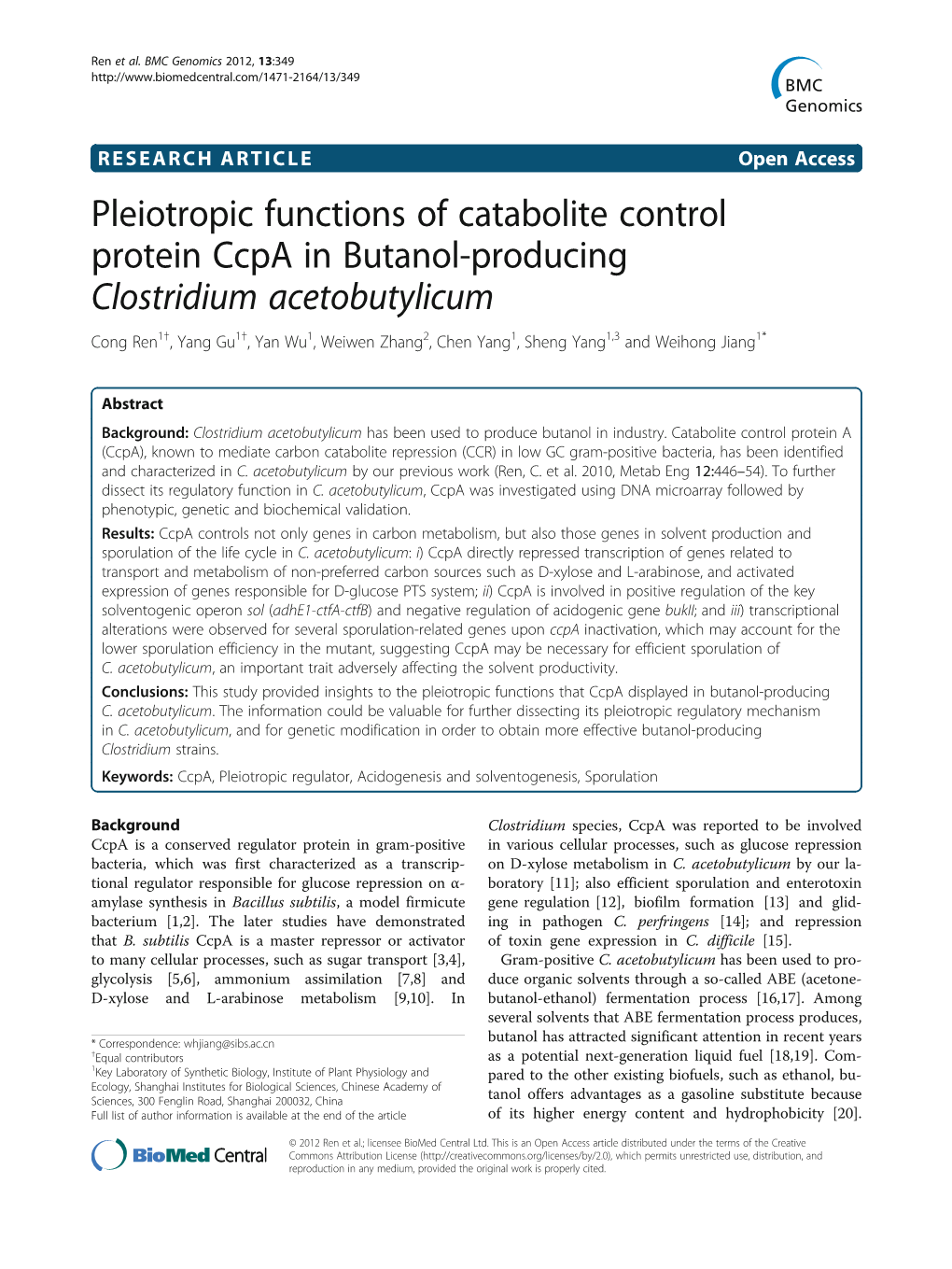 Pleiotropic Functions of Catabolite Control Protein Ccpa in Butanol-Producing Clostridium Acetobutylicum