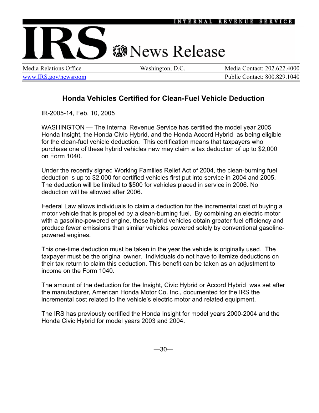 Honda Vehicles Certified for Clean-Fuel Vehicle Deduction