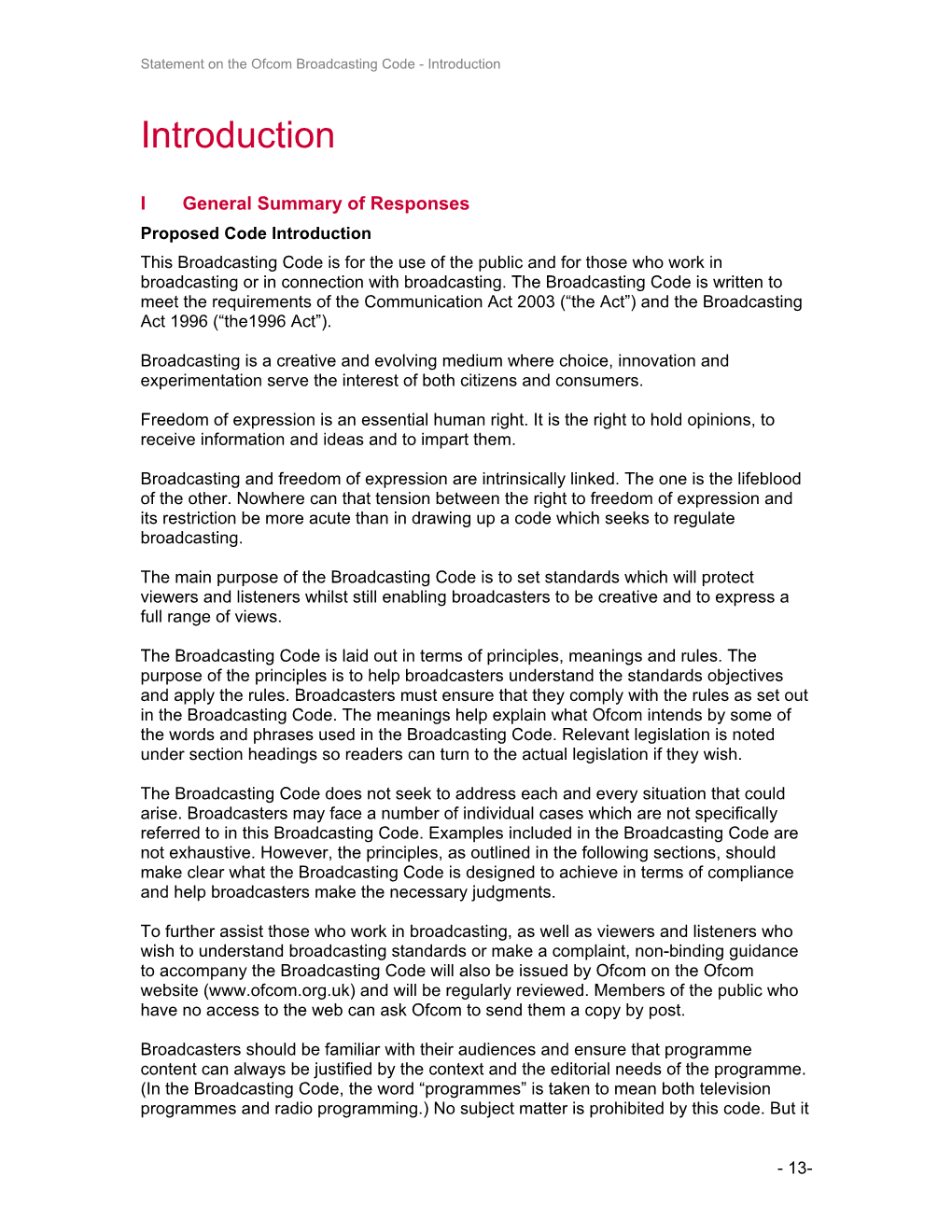 Statement on the Ofcom Broadcasting Code - Introduction