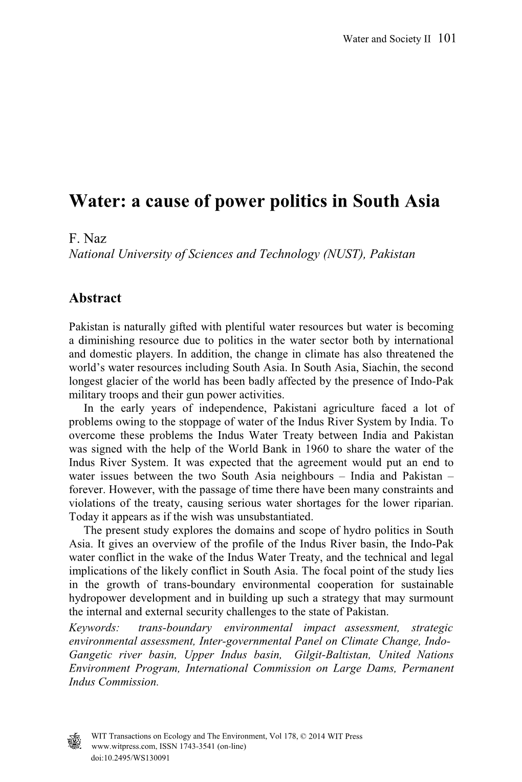 Water: a Cause of Power Politics in South Asia