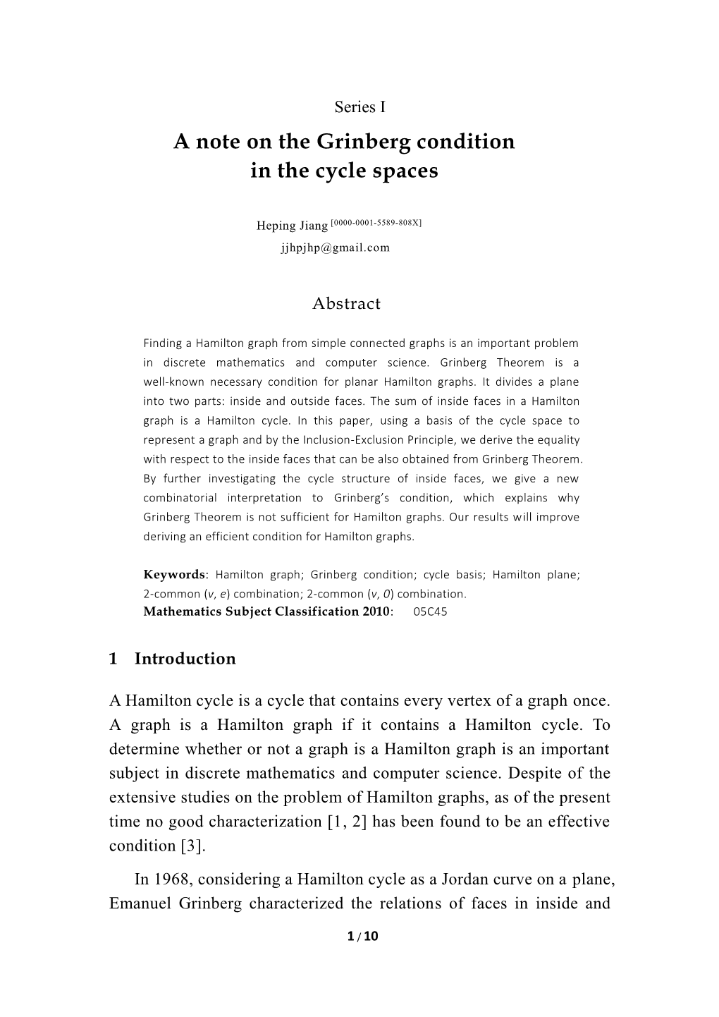 A Note on the Grinberg Condition in the Cycle Spaces