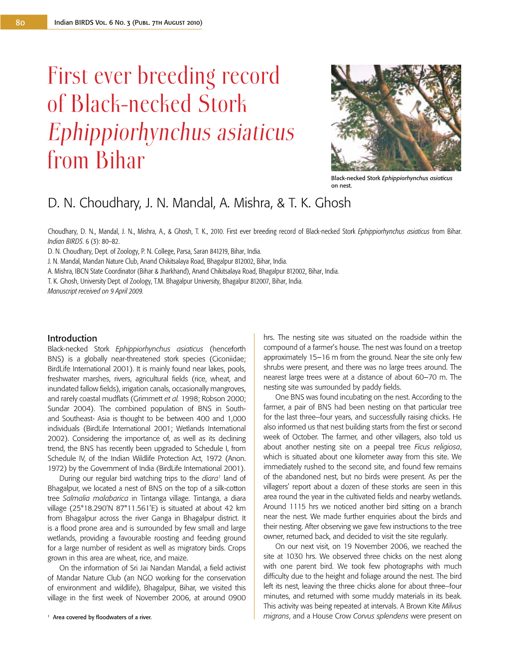 First Ever Breeding Record of Black-Necked Stork Ephippiorhynchus Asiaticus from Bihar Black-Necked Stork Ephippiorhynchus Asiaticus on Nest