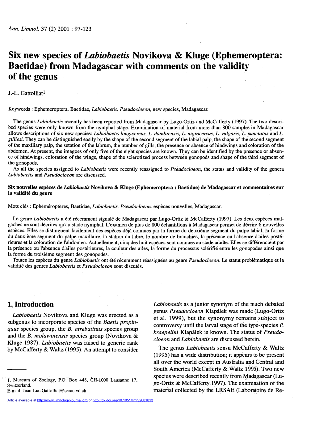 Ephemeroptera: Baetidae) from Madagascar with Comments on the Validity of the Genus