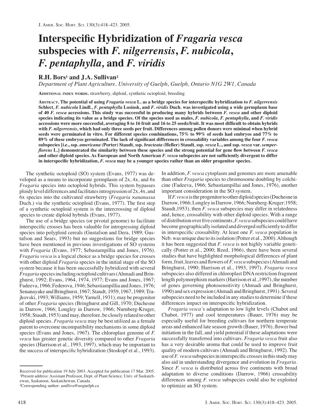 Interspecific Hybridization of Fragaria Vesca Subspecies with F