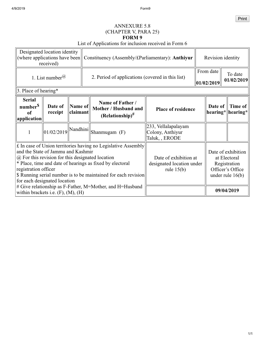 ANNEXURE 5.8 (CHAPTER V, PARA 25) FORM 9 List of Applications For