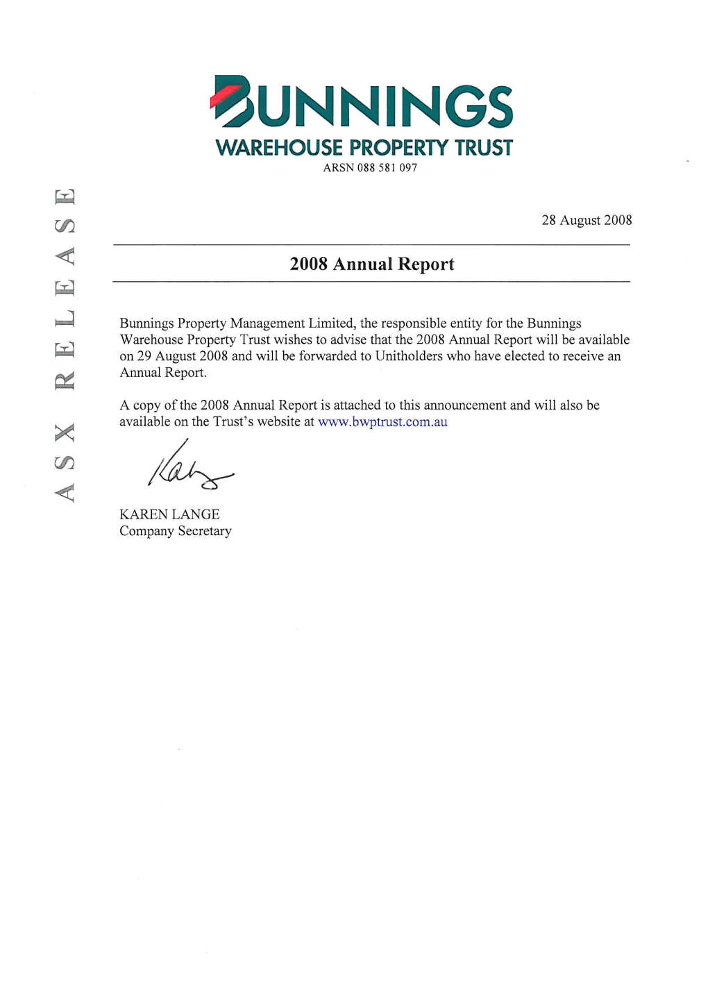 Bunnings Warehouse Property Trust Annual Report 2008