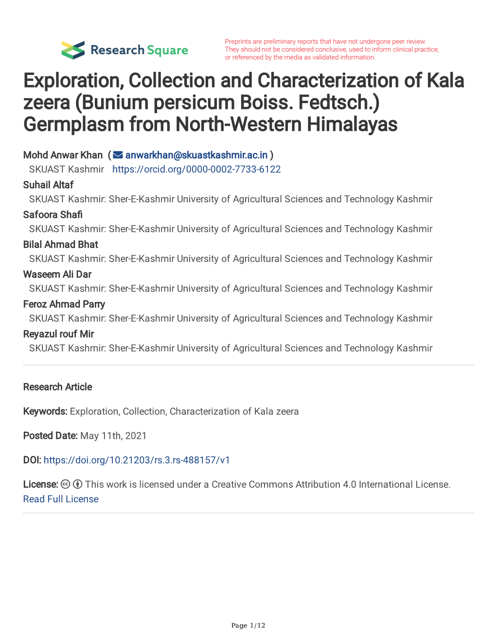 Exploration, Collection and Characterization of Kala Zeera (Bunium Persicum Boiss