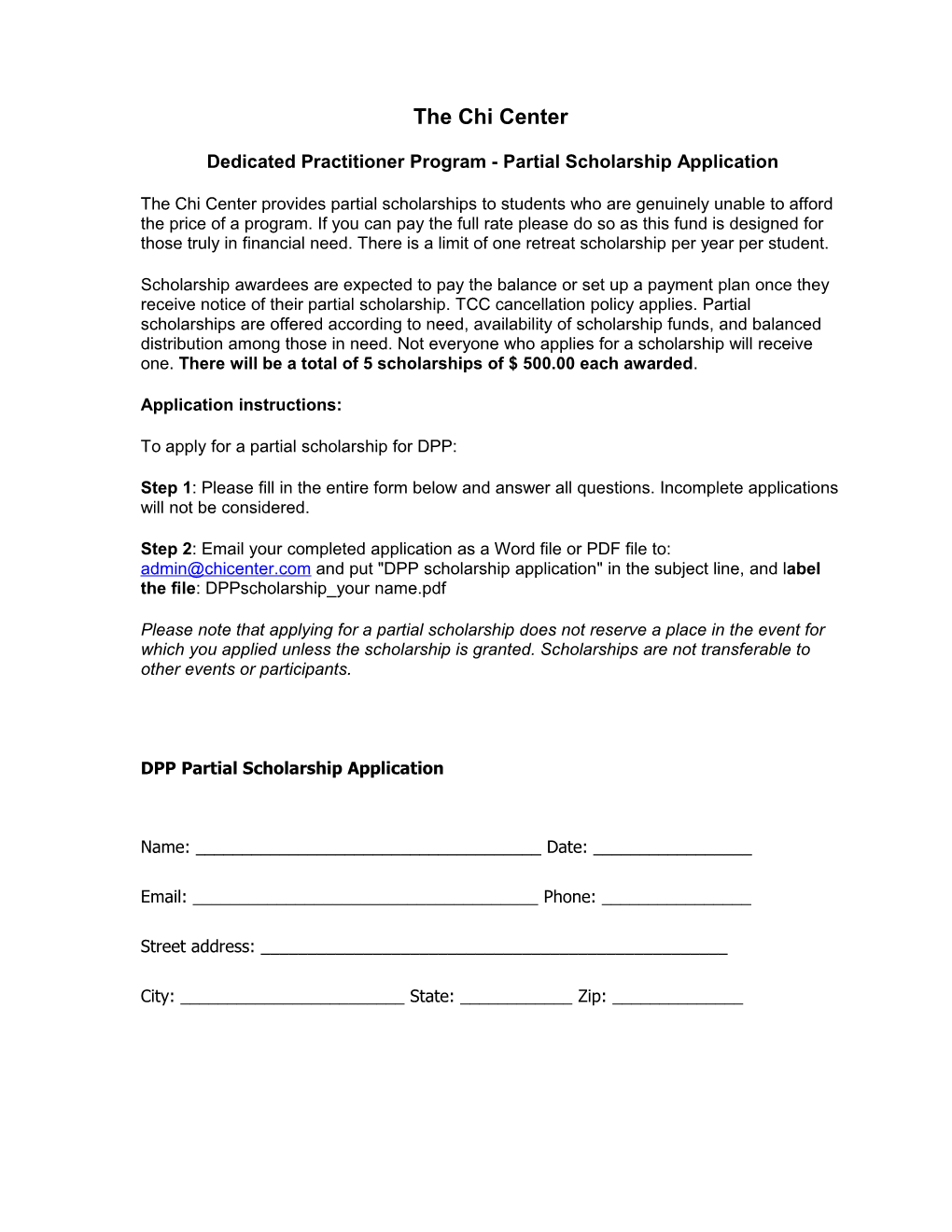 Healing Intensive Scholarship Application