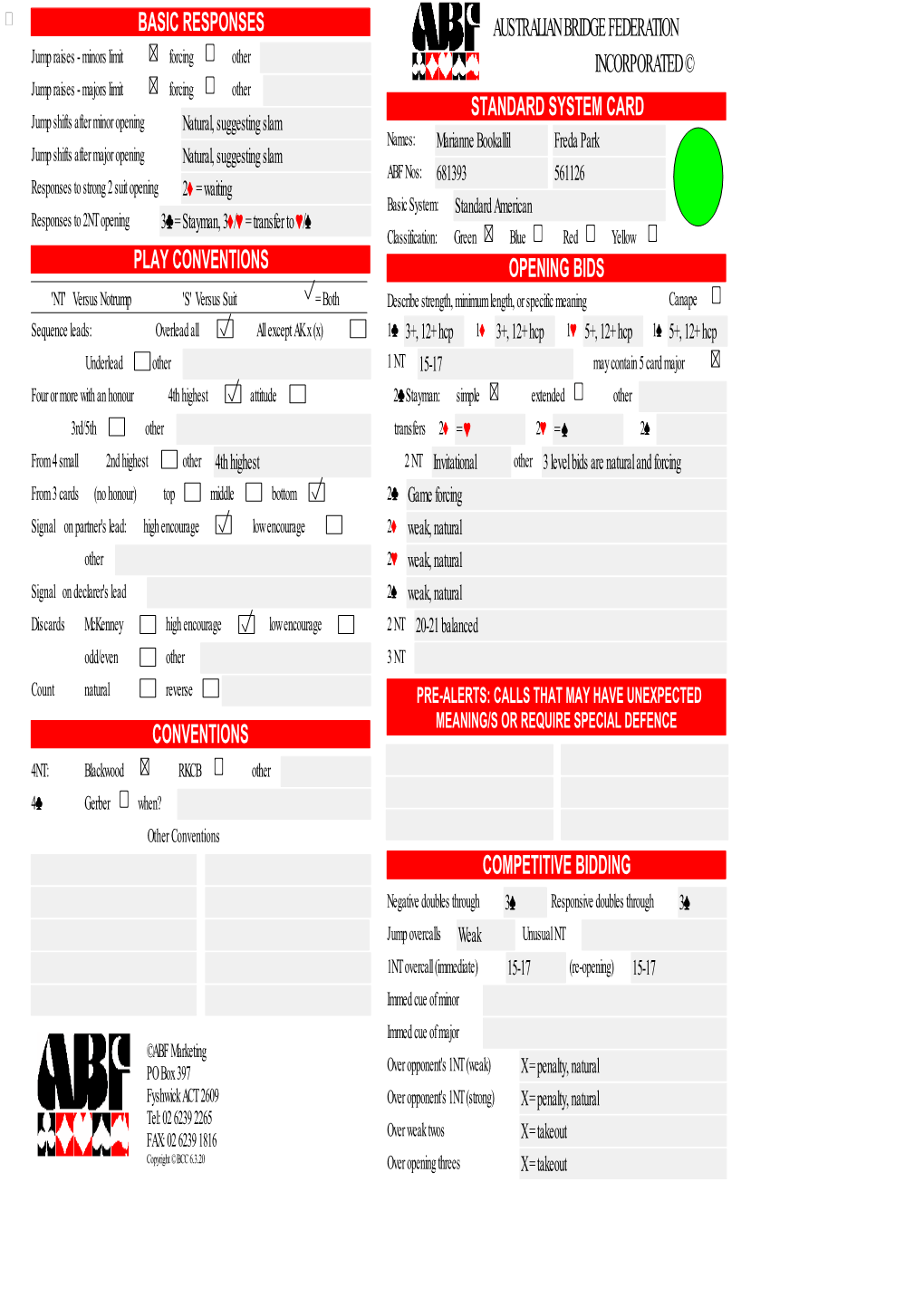 Standard System Card Opening Bids Competitive