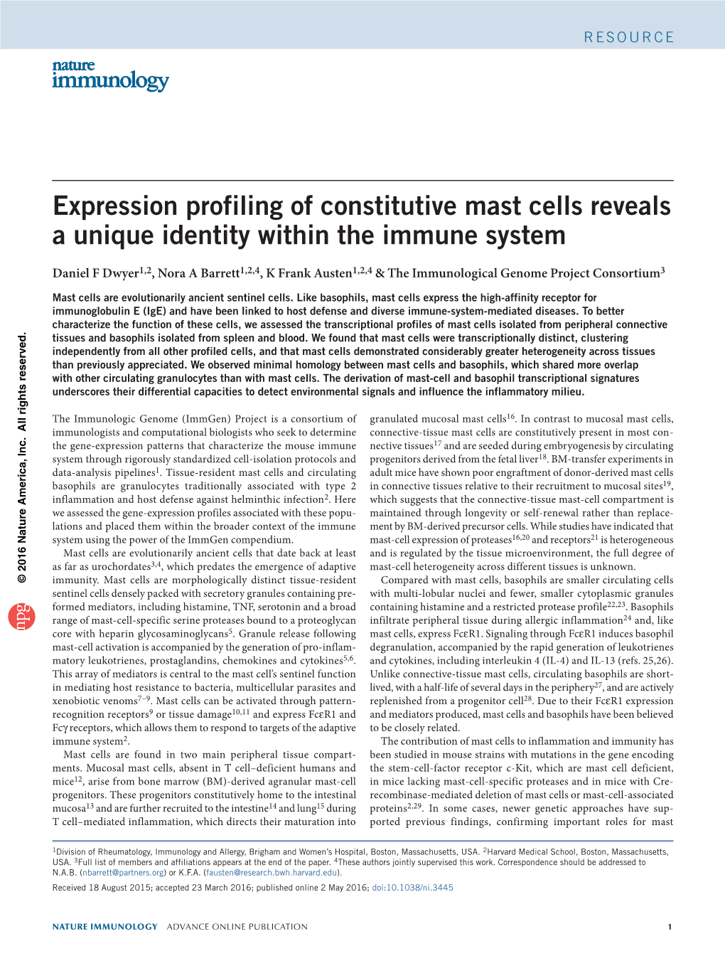 Expression Profiling of Constitutive Mast Cells Reveals a Unique Identity
