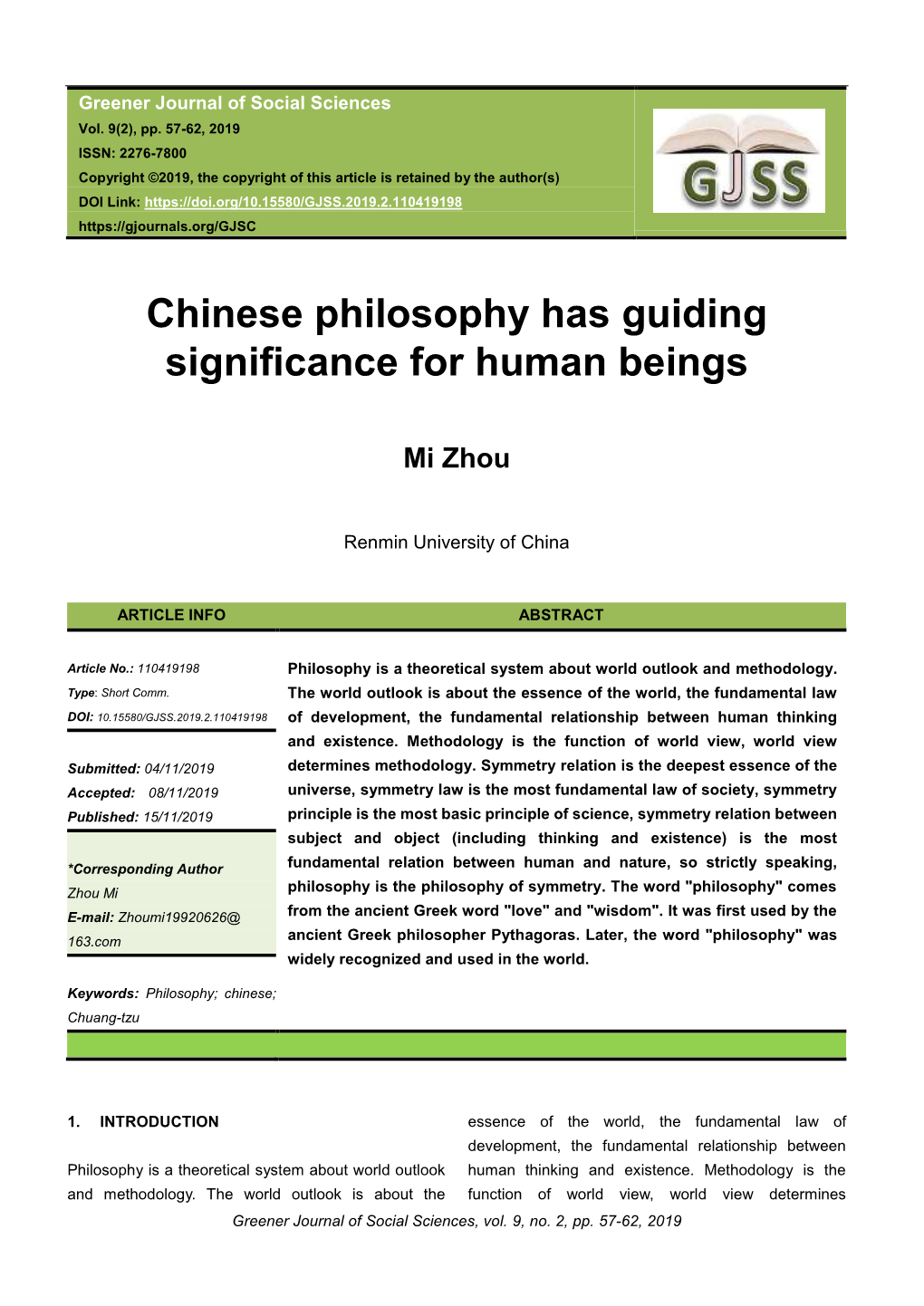 Chinese Philosophy Has Guiding Significance to Human Beings