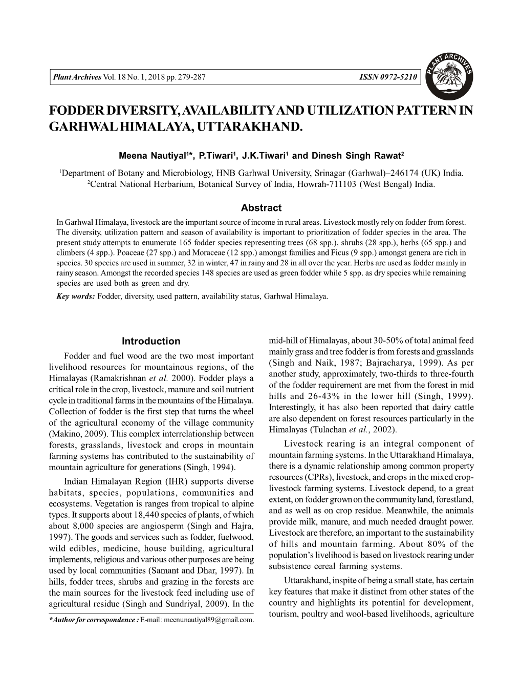 Fodder Diversity, Availability and Utilizationpattern in Garhwal