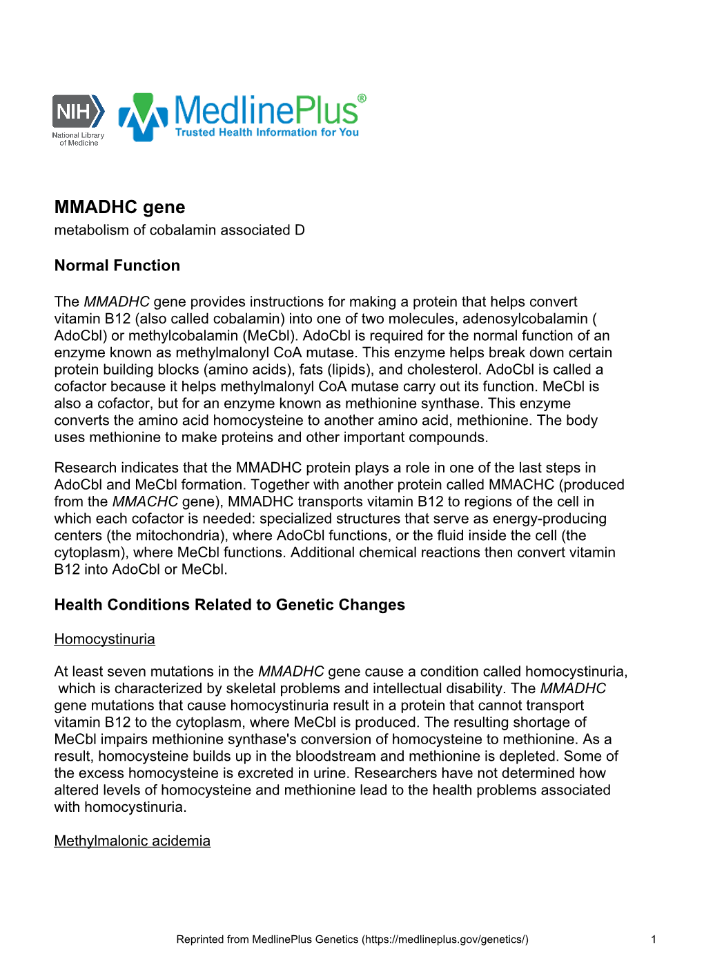 MMADHC Gene Metabolism of Cobalamin Associated D