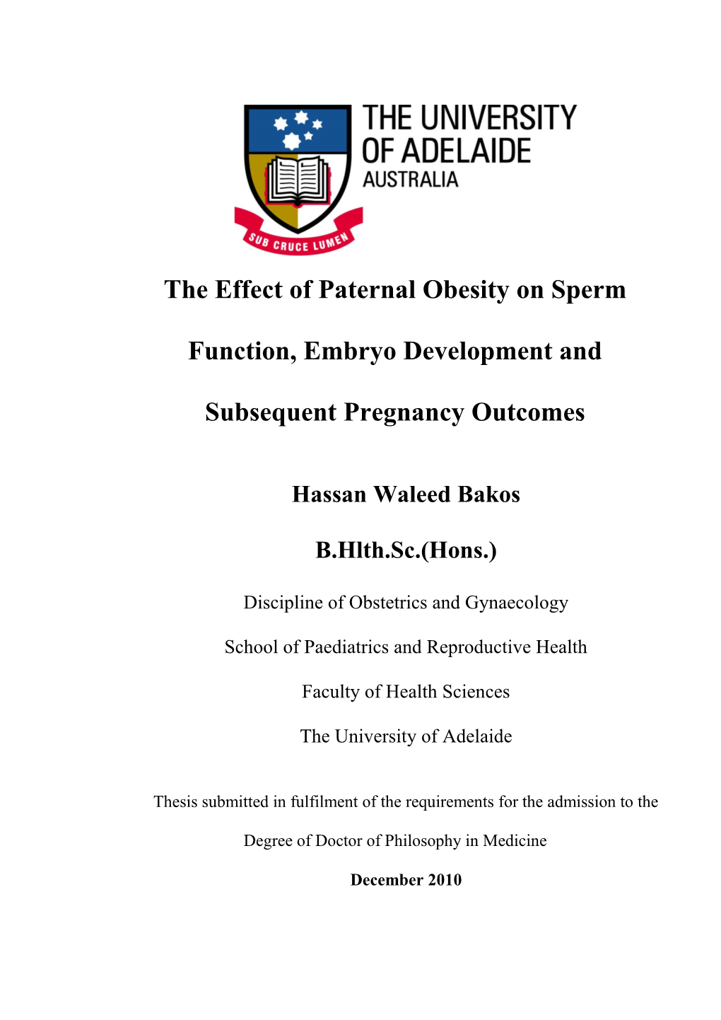 The Effect of Paternal Obesity on Sperm Function, Embryo