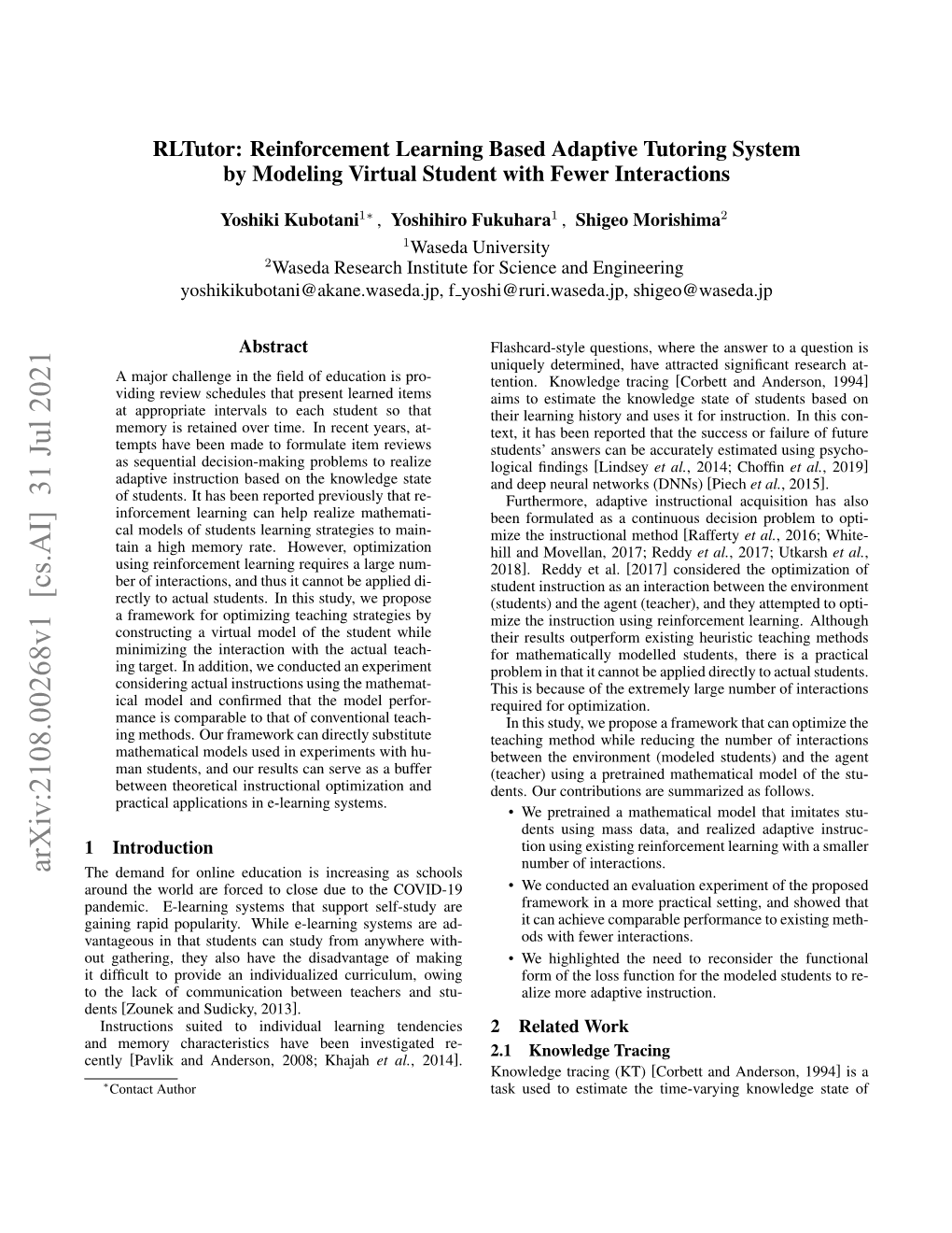 Rltutor: Reinforcement Learning Based Adaptive Tutoring System by Modeling Virtual Student with Fewer Interactions