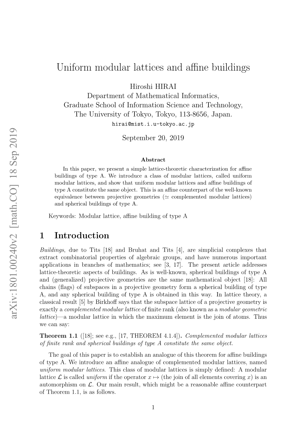 Uniform Modular Lattices and Affine Buildings Arxiv:1801.00240V2 [Math.CO] 18 Sep 2019