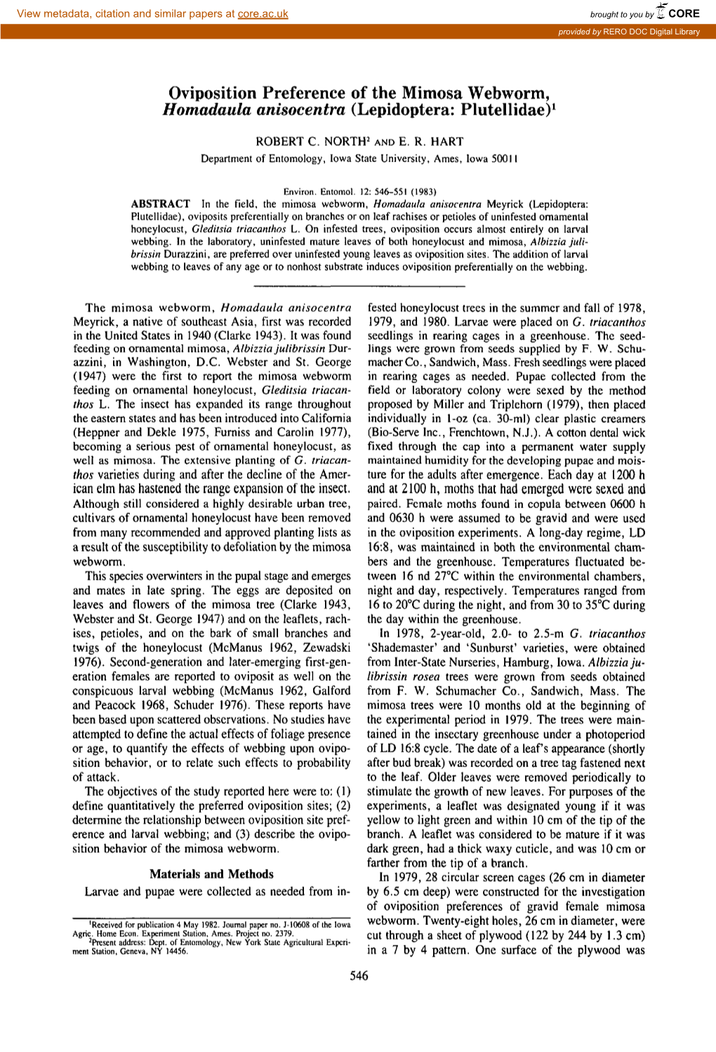 Oviposition Preference of the Mimosa Webworm, <I>Homadaula