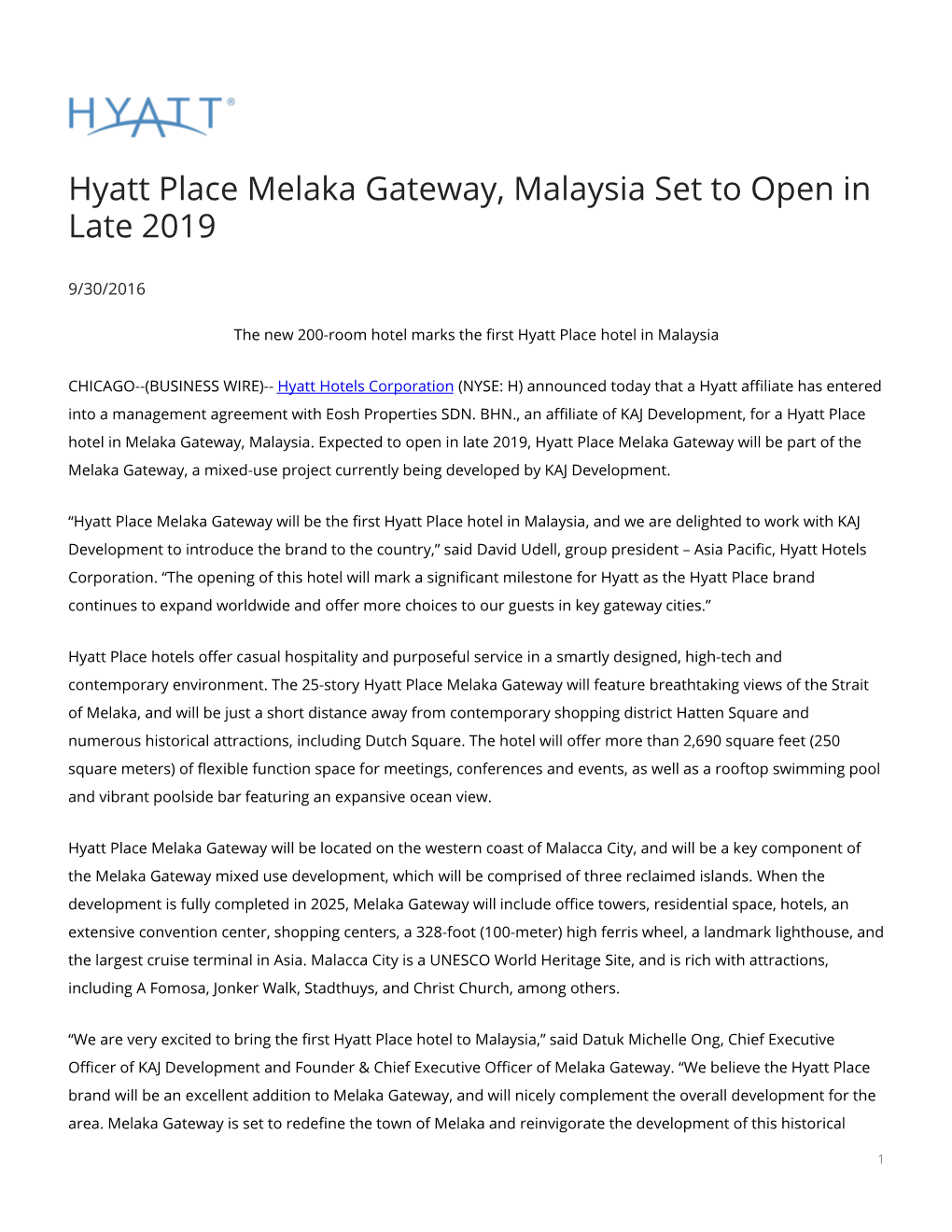 Hyatt Place Melaka Gateway, Malaysia Set to Open in Late 2019