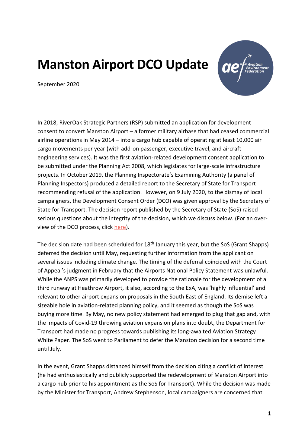 Manston Airport DCO Update