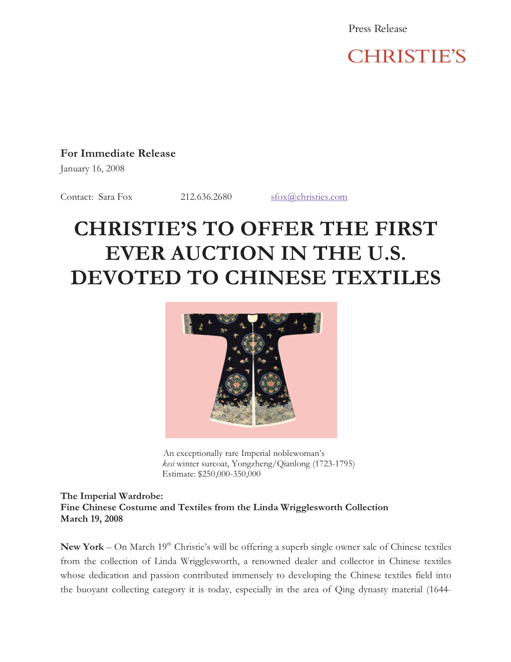 Christie's to Offer the First Ever Auction in the U.S