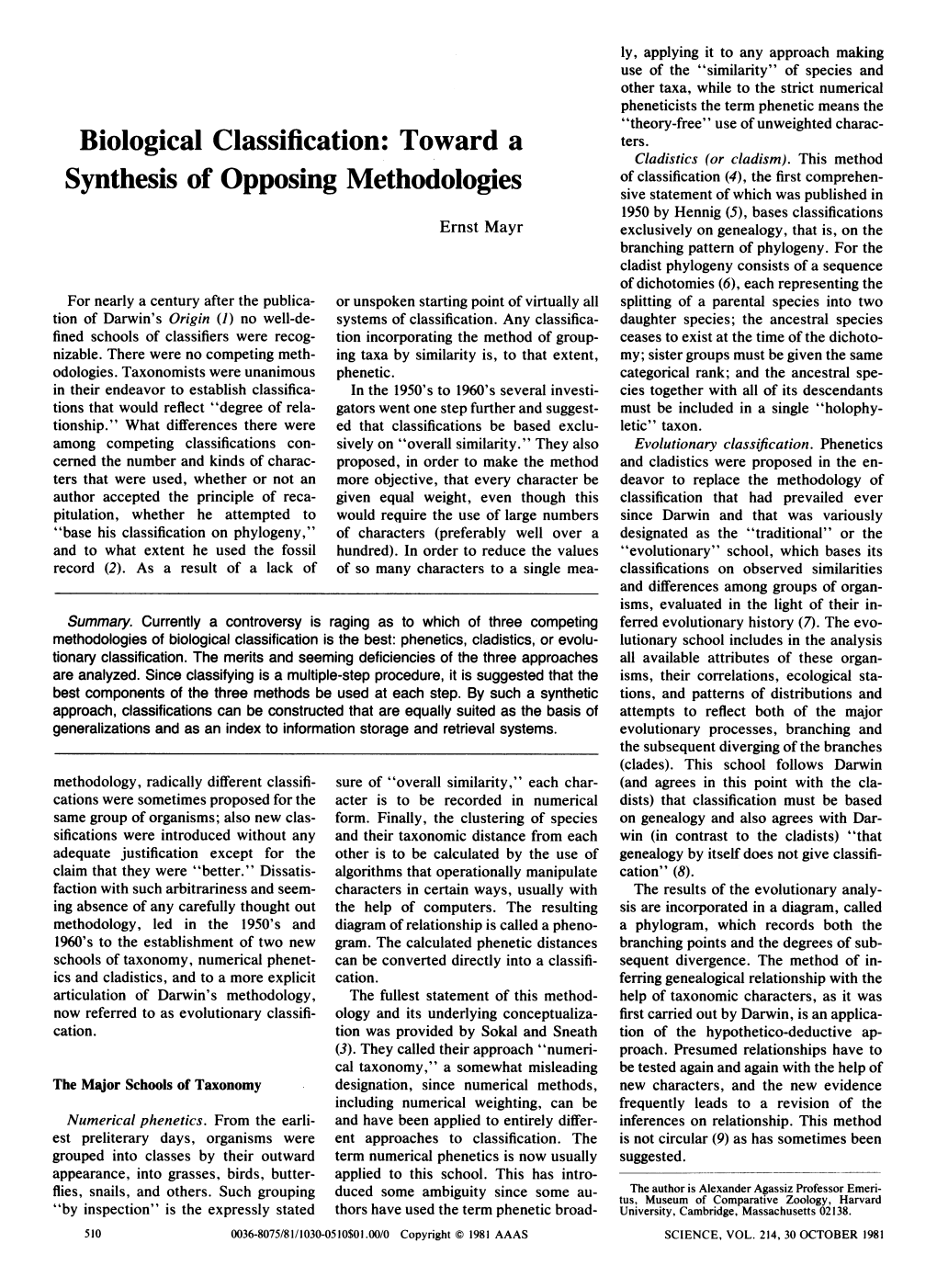 Biological Classification: Toward a Synthesis of Opposing Methodologies