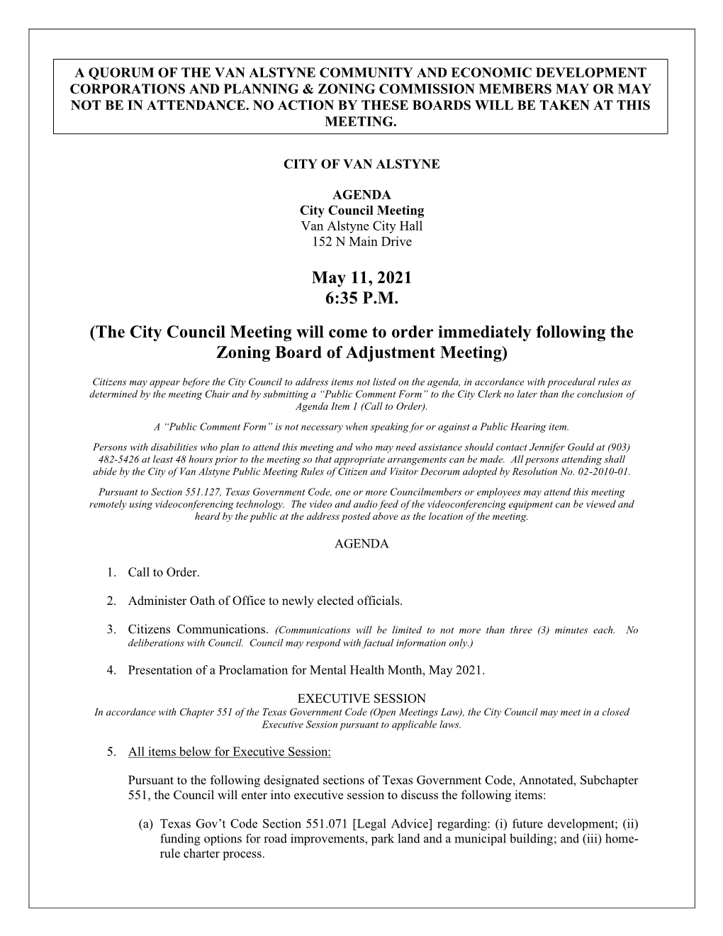 May 11, 2021 6:35 P.M. (The City Council Meeting Will Come to Order Immediately Following the Zoning Board of Adjustment Meeting