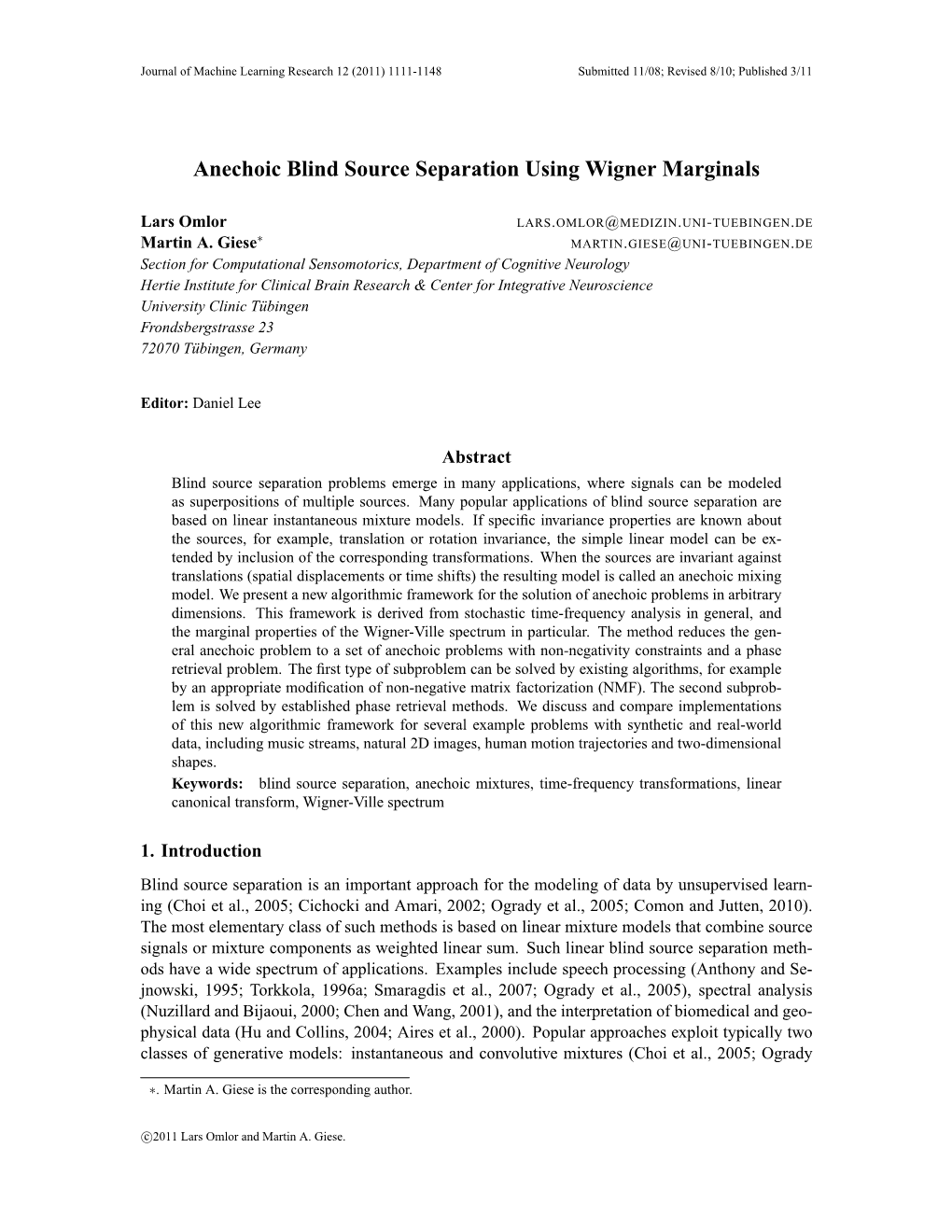 Anechoic Blind Source Separation Using Wigner Marginals