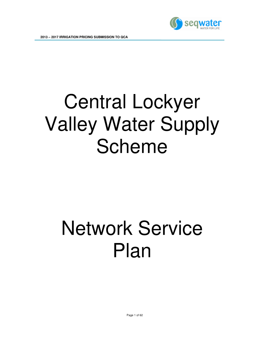 Central Lockyer Valley Water Supply Scheme Network Service Plan