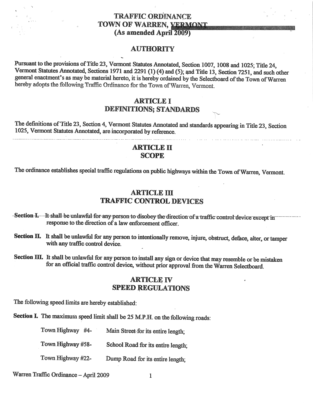TRAFFIC ORDINANCE Authority ARTICLE I DEFINITIONS